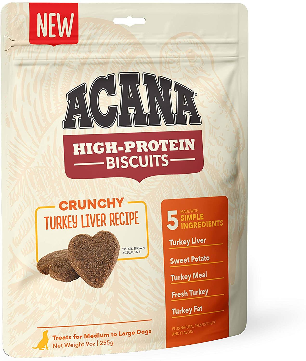 Acana High Protein Biscuits 255g Dog Treats Champion Pet Foods Crunchy Turkey Liver Recipe - Large