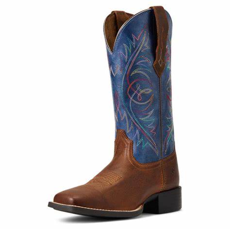 Ariat Womens Round Up Wide Square Toe Stretchfit Sassy Brown / Metallic Navy