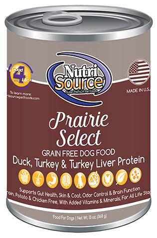 Nutri Source Prairie Select Grain Free Duck, Turkey & Turkey Liver Protein Canned Dog Food 12x13oz KB Depot Express 