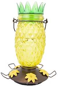 Perky-Pet 9110-2 Top-Fill Bird Feeder, Pineapple Top, 28 oz, Nectar, 5-Port/Perch, Glass/Plastic, 10.63 in H